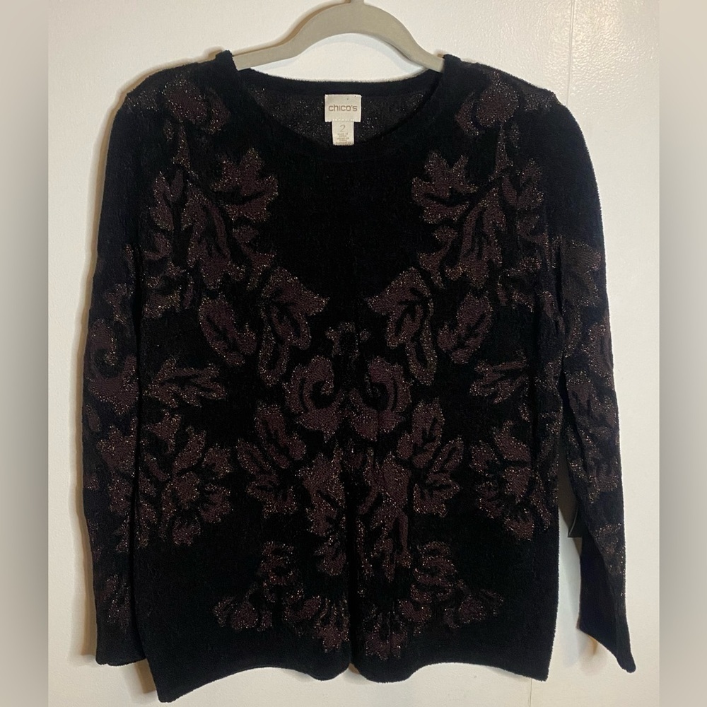 Chico's Brocade Crewneck Pullover Sweater Women’s Size 2 Medium Long Sleeve
